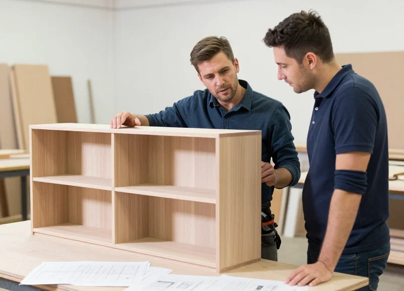 An architect and a cabinet maker reviewing a custom wooden display structure in a workshop.