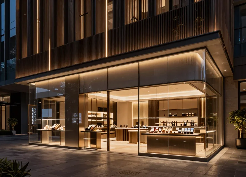 A futuristic luxury hospitality retail space integrated into a high-end hotel lobby with sleek glass displays and warm ambient lighting.