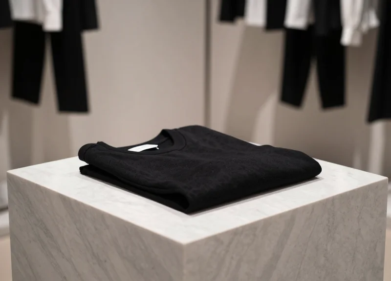 Close-up of luxury merchandise on a minimalist marble pedestal without any visible security tags or bulky antennas.