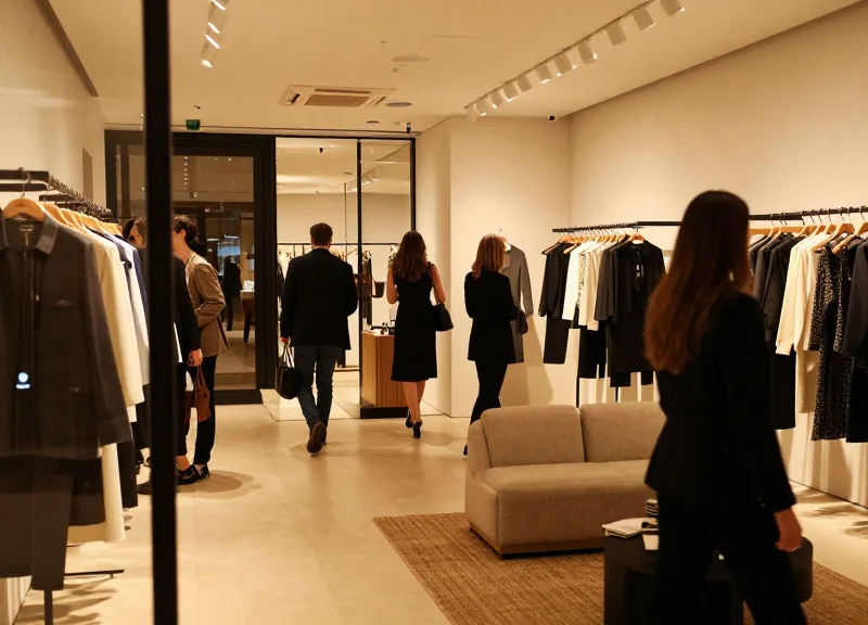 Sophisticated shoppers in a premium boutique inside a luxury club, with no visible security gates.