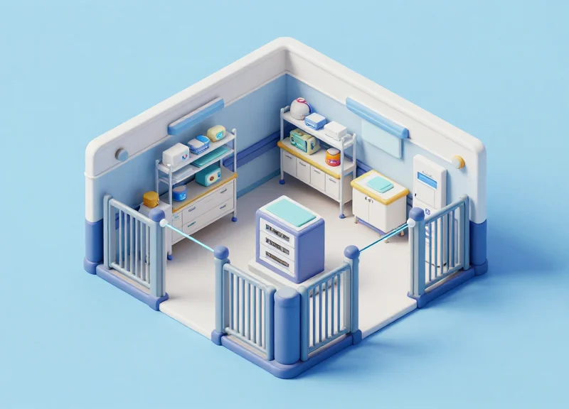 Isometric view of an integrated hospital security system combining RFID and EAS technology.