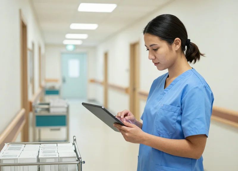 Professional hospital staff managing high-value inventory in a modern medical facility.