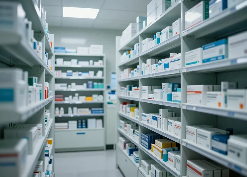 A professional hospital pharmacy storage room with organized medical supplies and inventory