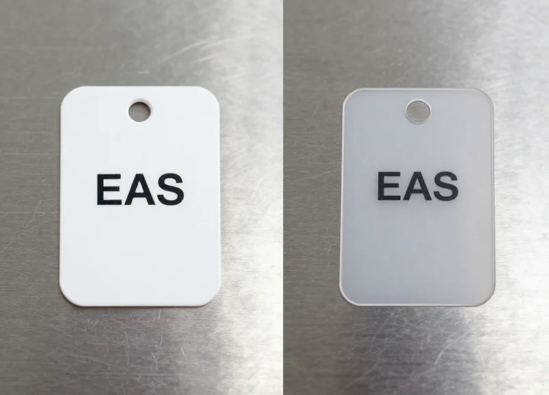 Side-by-side comparison of an EAS security tag and an RFID tag on a clinical surface