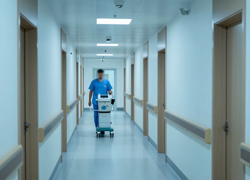Modern hospital corridor with advanced security sensors and high-tech clinical atmosphere.