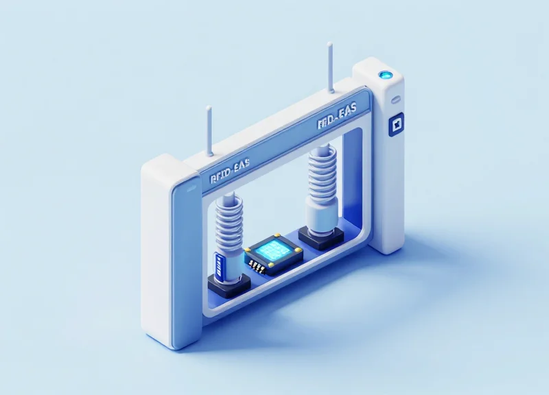 Isometric 3D view of a hybrid RFID-EAS security gate showing internal hardware modules.