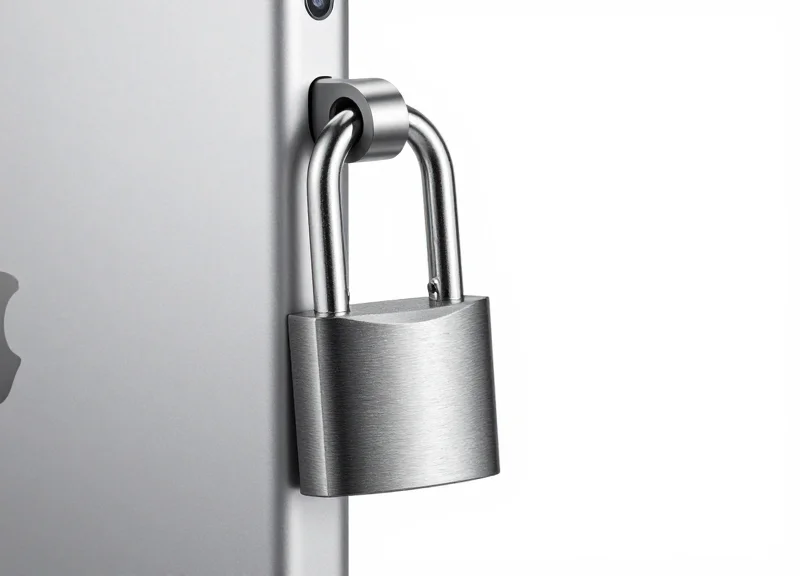 Close-up of a high-security lock tethered to a silver electronic tablet on a white background.