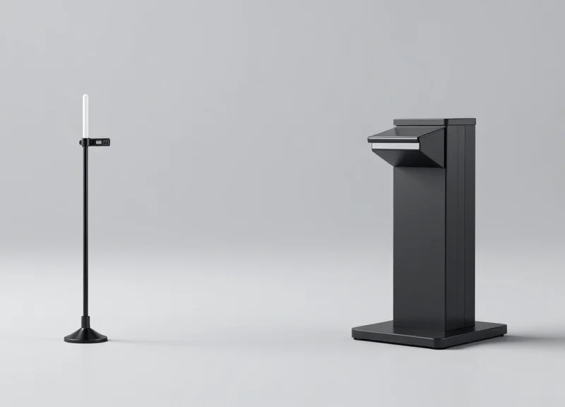 Side-by-side comparison of a modern RFID antenna gate and a traditional EAS security pedestal.