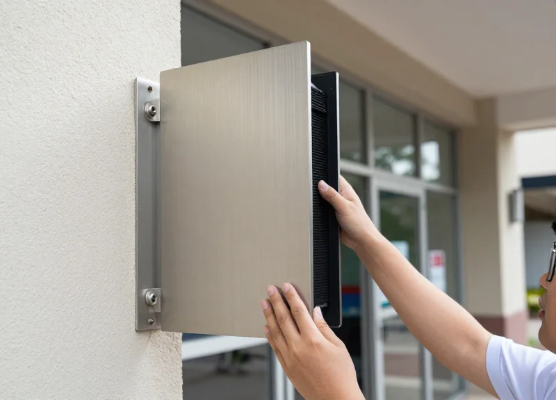 Close-up of a signal shielding panel being installed near a store entrance to reduce interference.