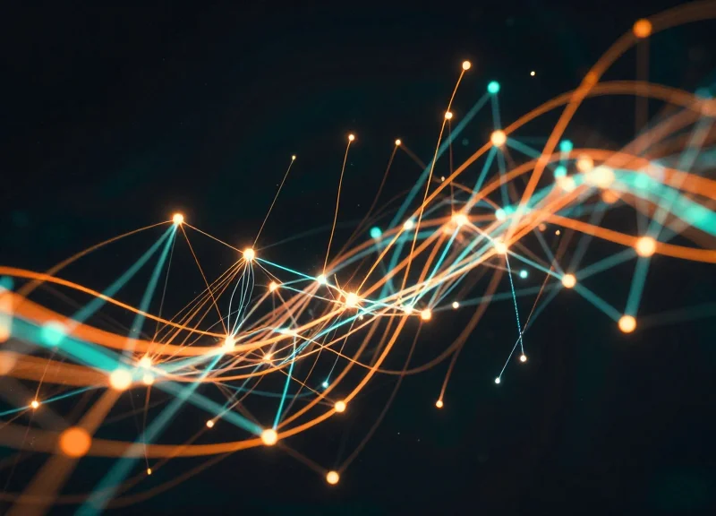 Abstract digital nodes and data streams representing AI-powered alarm pattern recognition.