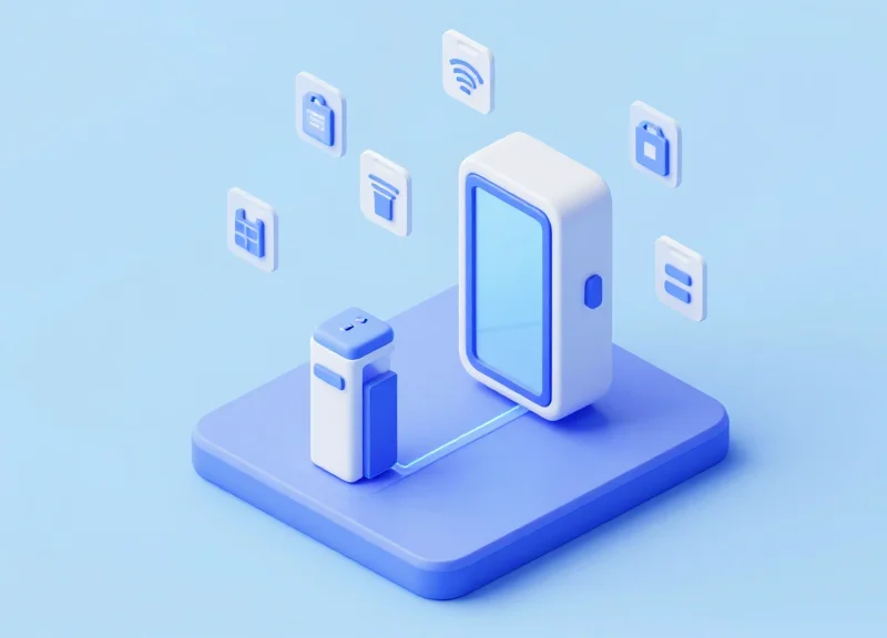 3D isometric model of an RFID-EAS hybrid security gateway and product tagging system.