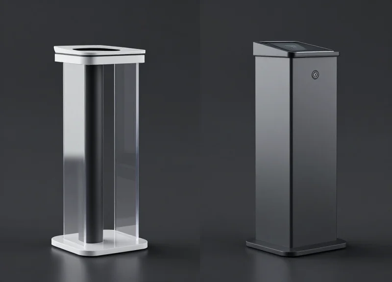 Side-by-side comparison of two different retail security pedestal systems.