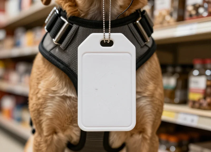 A close-up of a durable dog harness with a damaged plastic security tag in a retail store setting.
