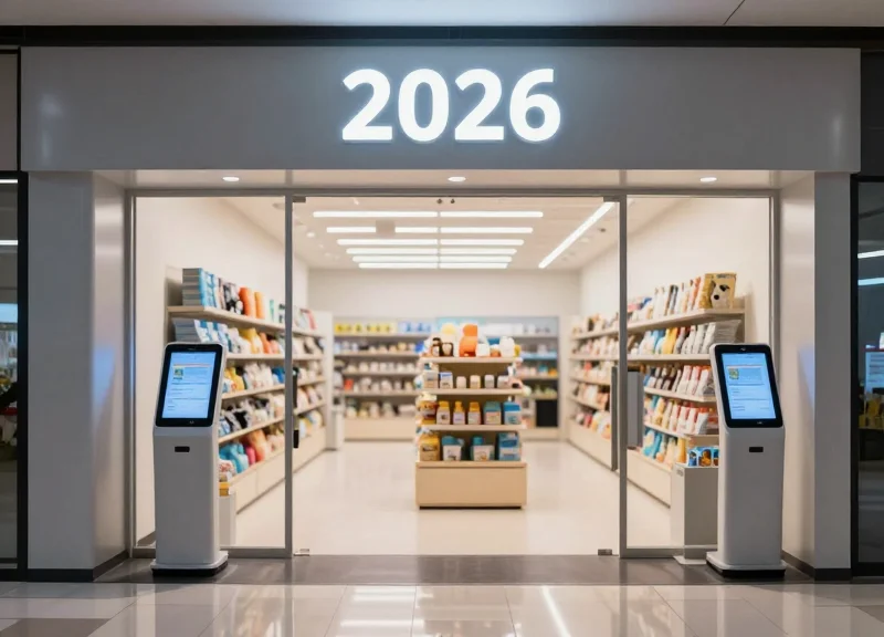 Modern pet retail store entrance with high-tech security pedestals and pet supplies in the background.