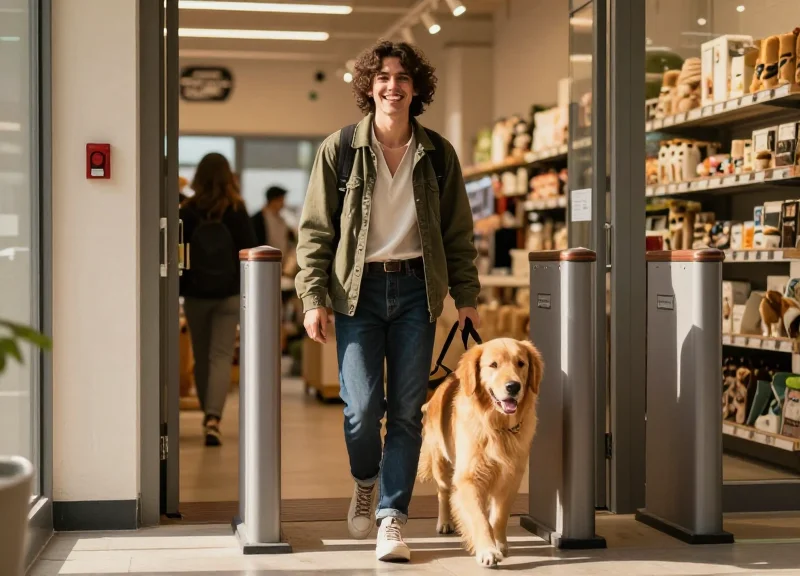 A smiling customer with a golden retriever walking out of a pet store through security gates without alarms.