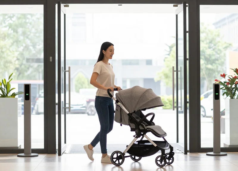 A mother pushing a wide double stroller through a spacious boutique entrance between two slim security sensors.