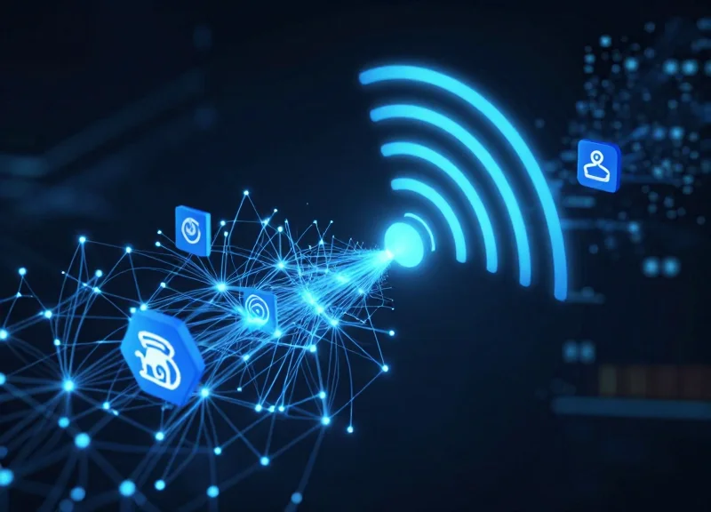 Conceptual 3D visualization of digital data streams connecting retail products to a cloud network representing RFID tracking.