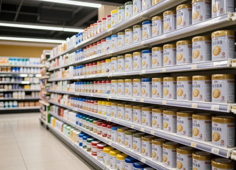 High-end supermarket aisle showcasing rows of infant formula products on clean shelves.
