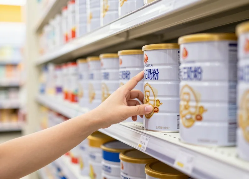 Customer reaching for a well-stocked and secure milk powder product on a clean shelf.