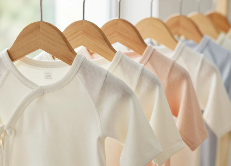 Close-up of high-quality organic cotton baby onesies on wooden hangers in a soft-lit nursery.