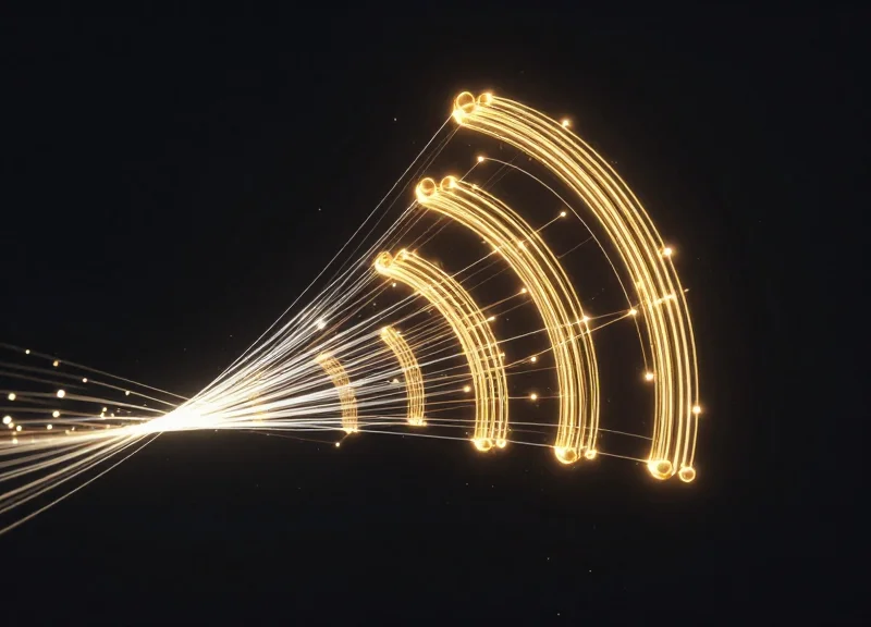 Abstract visualization of RFID signals and connectivity in a retail environment.