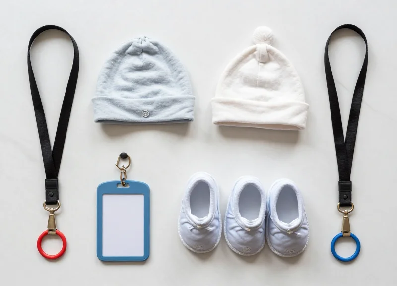 A flat lay of various security lanyards and adjustable loops for garment accessories.