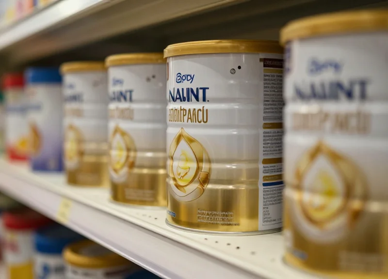 Close-up of a premium baby formula tin on a store shelf with a discreet security tag.