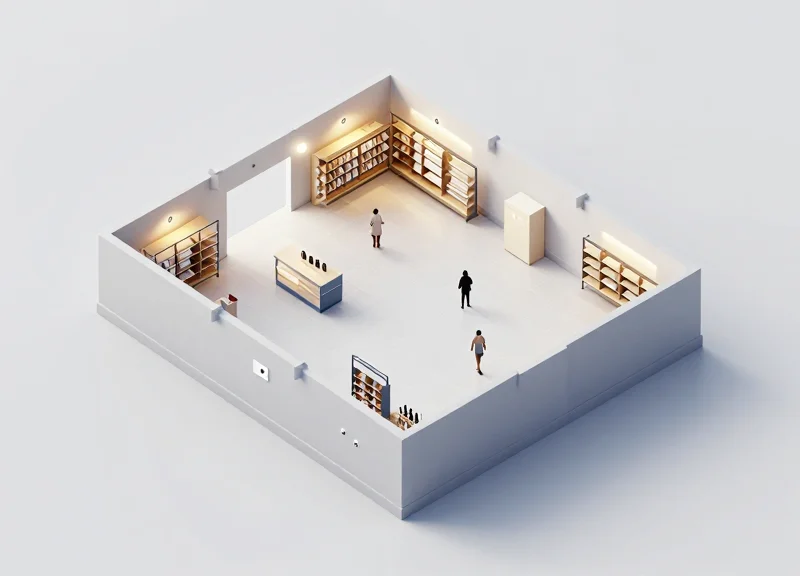 Isometric view of a retail store layout showing hidden floor and overhead security sensors.