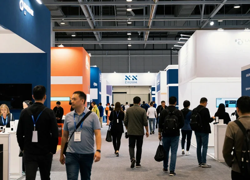 Crowded trade show floor with many people visiting booths in a modern exhibition hall