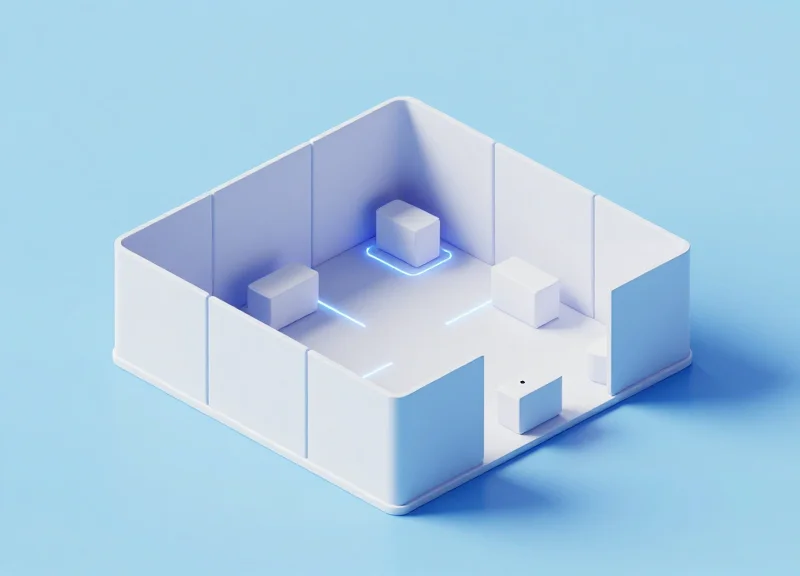 Isometric view of a trade show booth with security sensor coverage zones