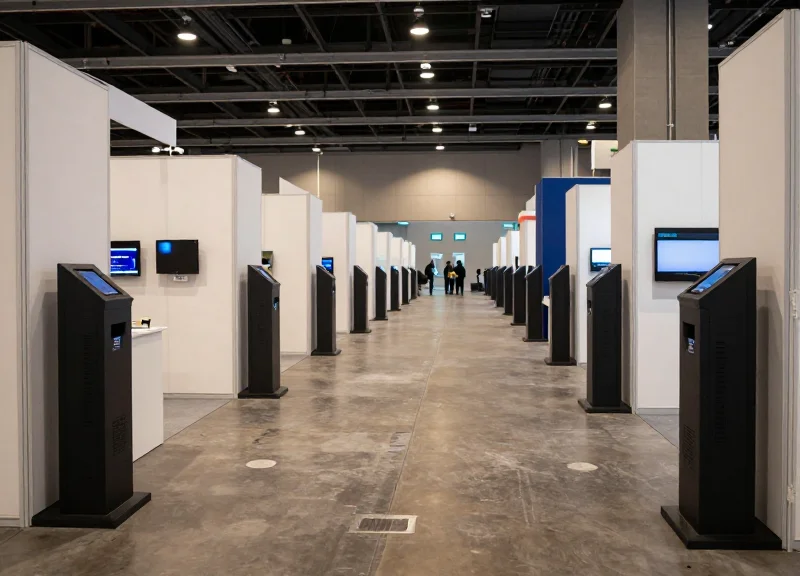 Large exhibition hall featuring numerous booths with security EAS pedestals at entrances.