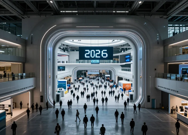 Wide shot of a massive, modern exhibition hall in 2026 with a large crowd, cinematic lighting, and a focus on the scale of the event.
