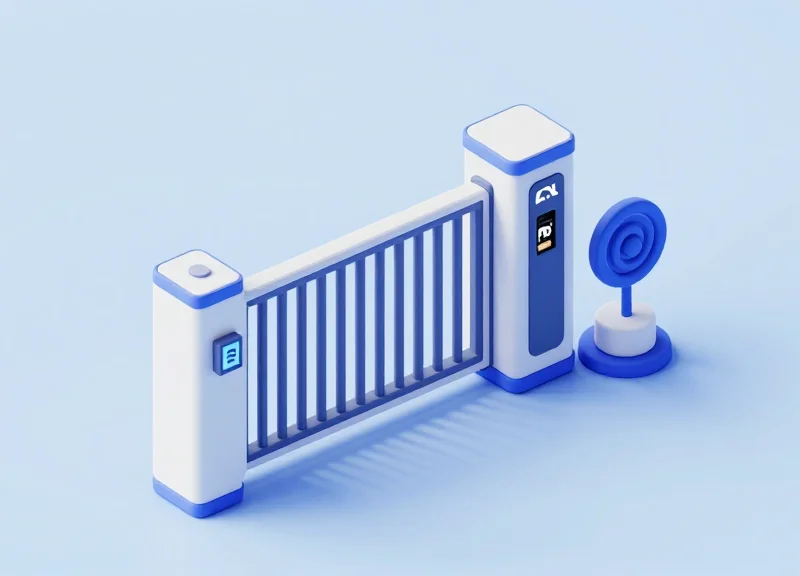 Isometric 3D model of a hybrid security gate integrating RFID and EAS sensors with glowing connection lines.
