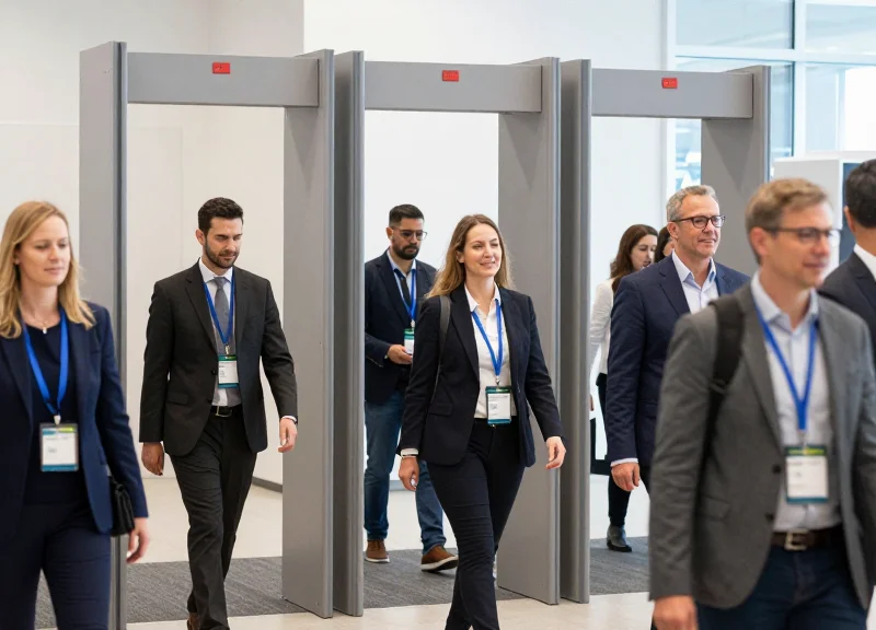 Attendees walking through sleek, minimalist security pillars effortlessly at a high-end international conference.