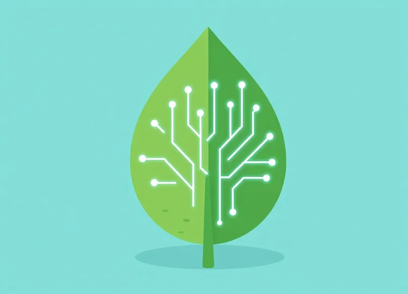 Metaphorical illustration of a digital circuit board merging with a green leaf, representing eco-friendly security tech.