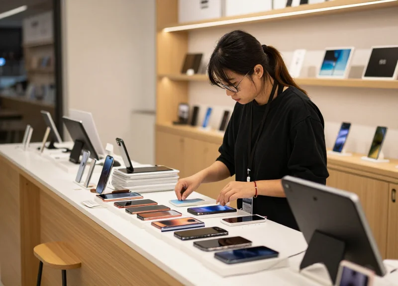 A modern electronics buy-back store counter with various used smartphones and tablets neatly organized for intake.
