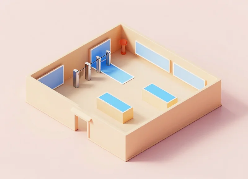 3D isometric layout of a retail store showing the placement of security gates and detection zones.