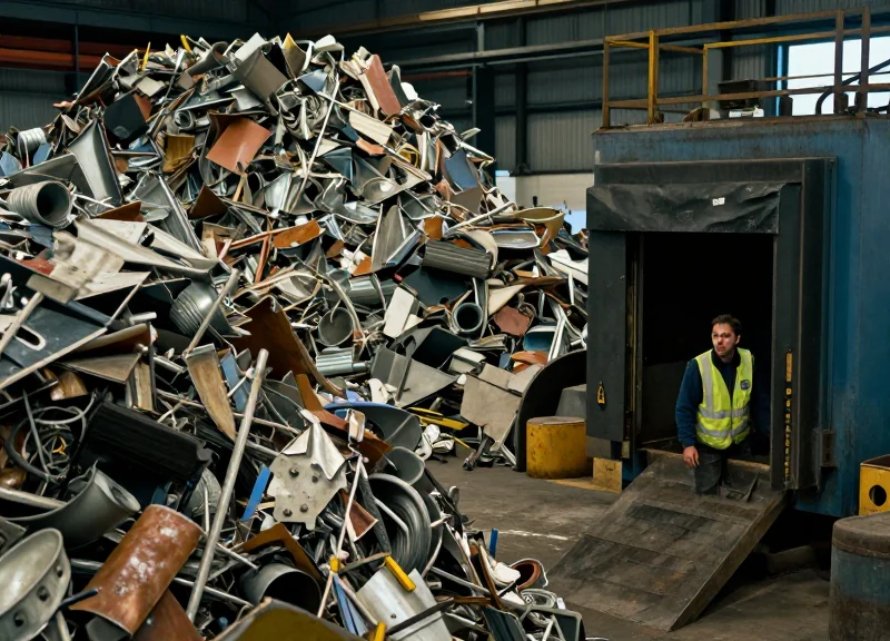 Large industrial recycling facility with piles of metal scrap and workers in safety gear