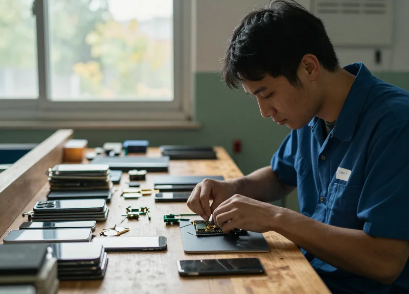 A technician sorting through high-end recycled smartphones and tablets on a clean workbench