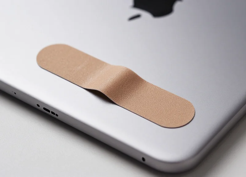 A soft adhesive label being applied gently to the back of a sleek tablet