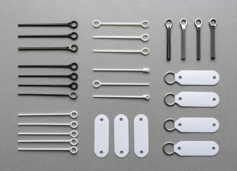 A collection of RFID zip ties and cable-loop tags neatly arranged on a workbench