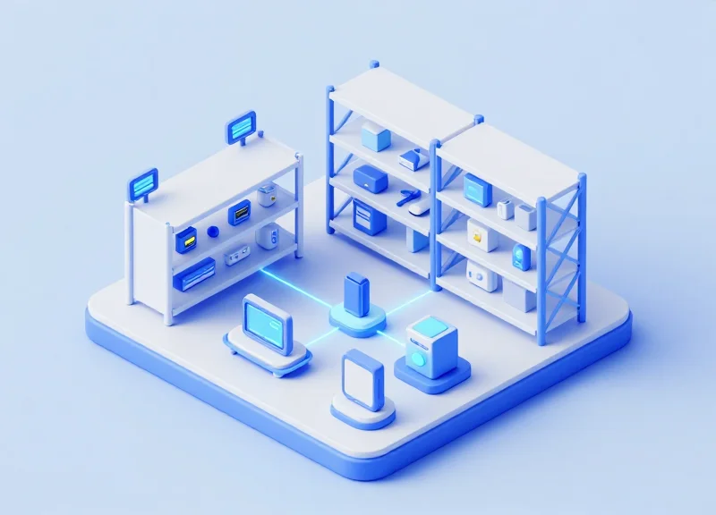 Isometric 3D illustration of an electronic shelf label tracking system for electronics