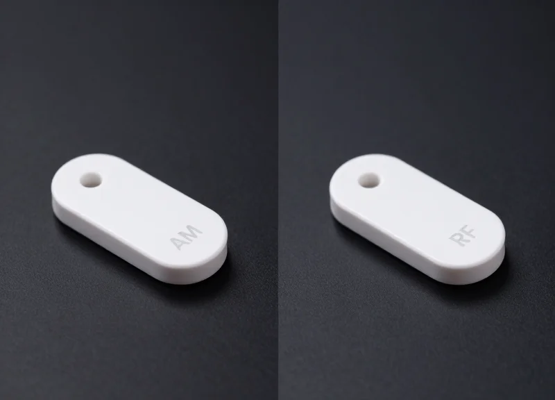 Side-by-side comparison of two different EAS bottle tags showing physical design variations.