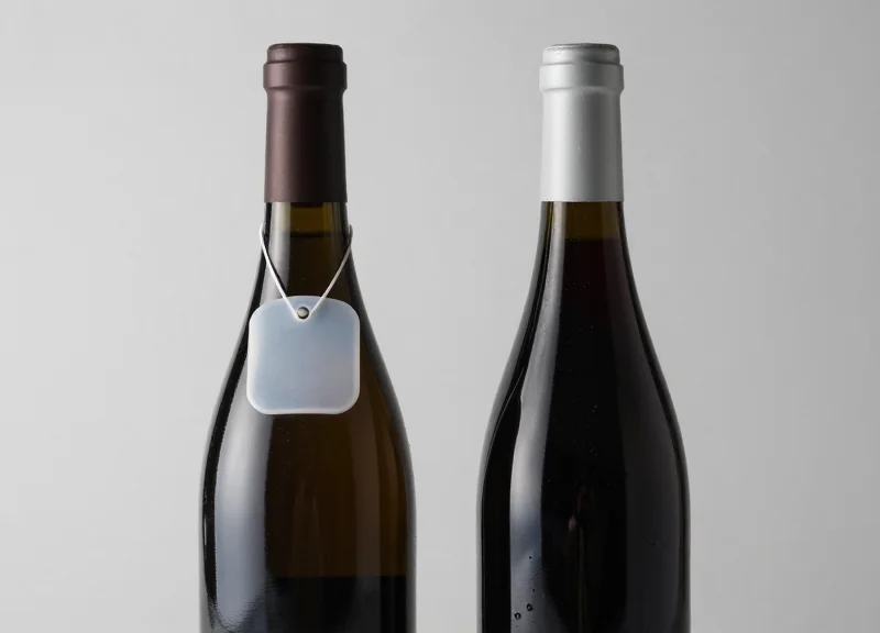 Comparison of a standard security hard tag and a specialized bottle cap security device on two glass bottles.