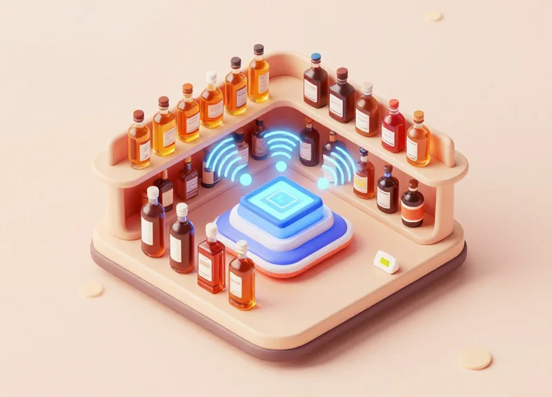 Isometric view of a smart retail shelf with bottles connected to a digital inventory system via RFID.