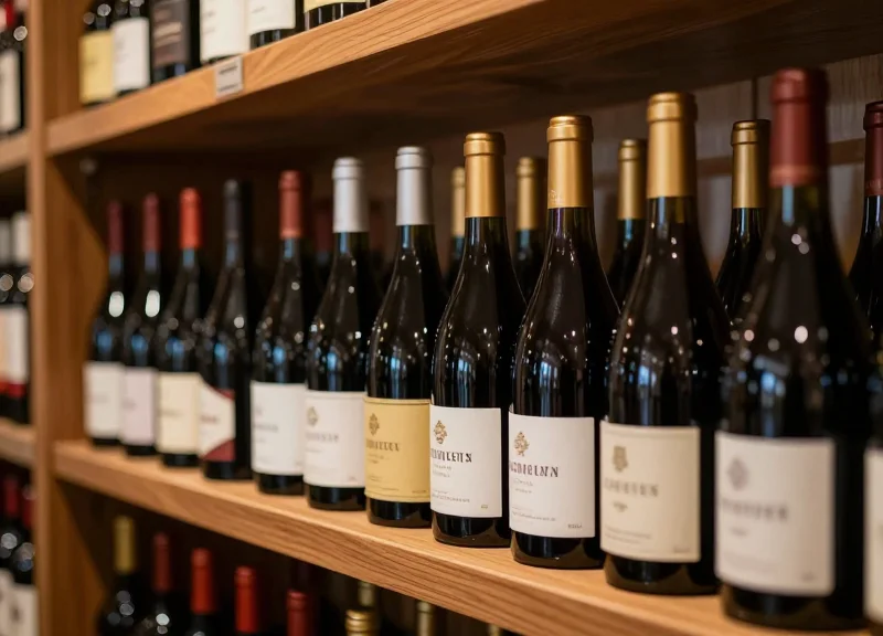 Premium wine bottles with metallic foil tops displayed on a wooden retail shelf with cinematic lighting.
