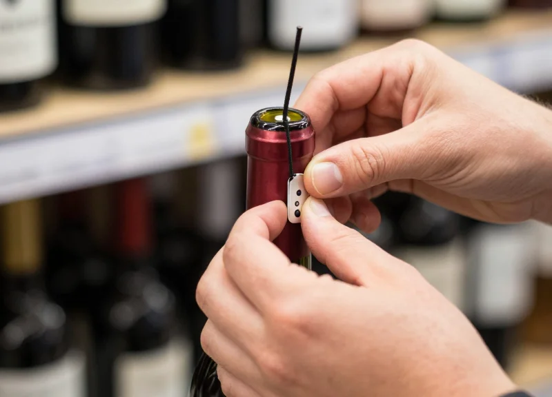 Close-up of hands applying a specialized security tag to the neck of a wine bottle.