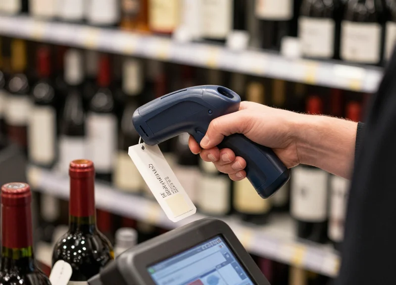 A store clerk removing a security tag from a wine bottle at a checkout counter.