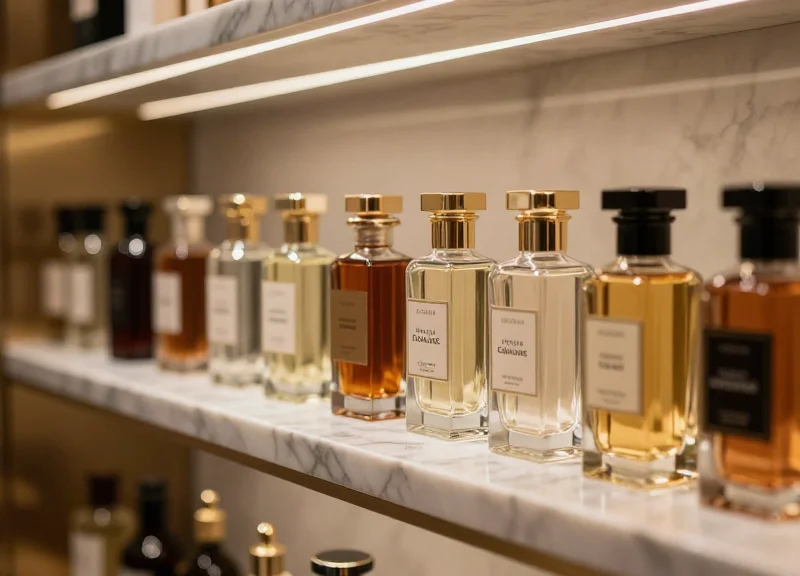 Close-up of luxury glass bottles on a polished shelf in a high-end boutique with cinematic lighting.