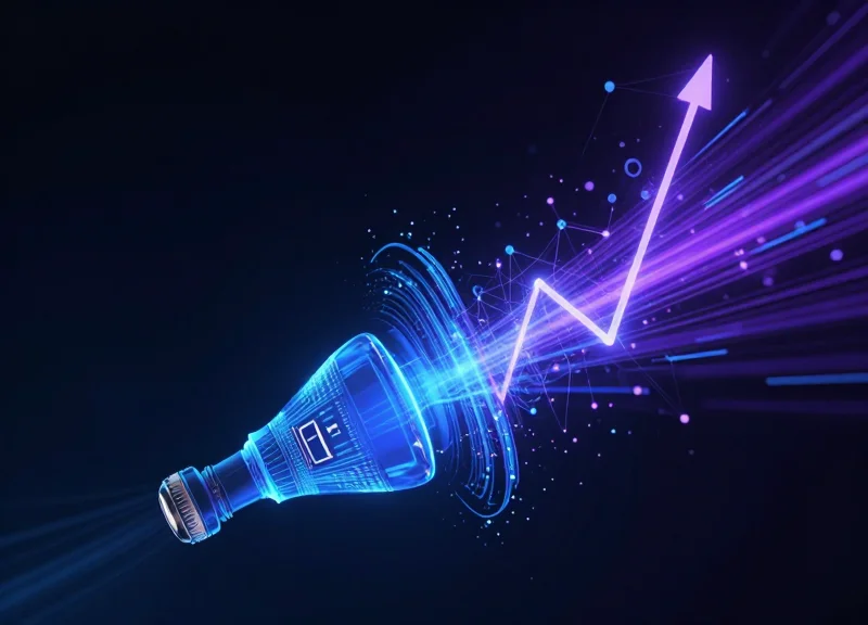 Abstract digital data streams radiating from a luxury bottle representing RFID intelligence.